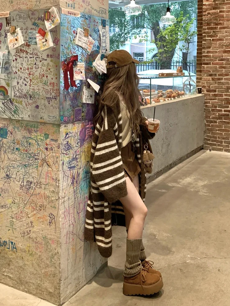 

Korean Sle Lazy Retro Striped Hooded Knitted Open Cardigan Women's Loose Soft Long Sweater Jaet Autumn Winter Sweet Sle