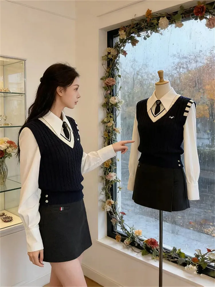 

Korean Style College Fashion Set Women's Design Vest Shirt 2025 Super Popular Winter Pure Color Skirt Two-Piece Suit