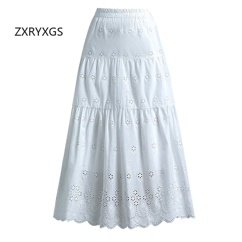 Zxryxgs Slanke Fit Uitgeholde A-Line Rok Lang 2024 Nieuwe Zomer Elastische Taille Pendelende Modieuze Rokken Wit Kanten Damesrok