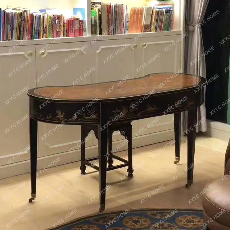 Luxury painted solid wood birch neoclassical heavy industry black oval waist 1.4 meters painting desk