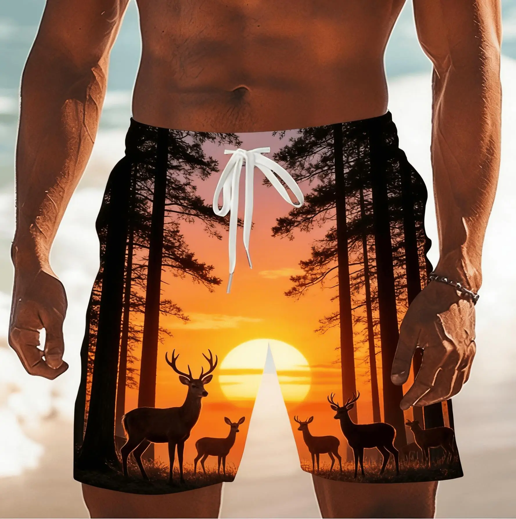 Men's Creative Nature Style 3D Print Men's Beach Shorts, Trendy Spring Summer Outdoor Vacation Swim Trunks