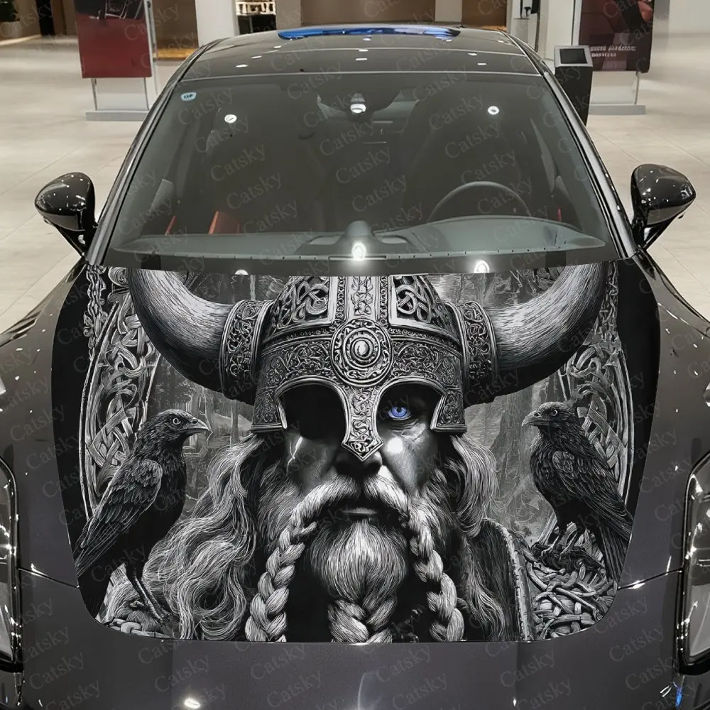 Nordic Horned Helmet Figure with Ravens Car Vinyl Wrap, PVC Waterproof Car Hood Sticker, Self-Adhesive Scratch-Resistant Sticker