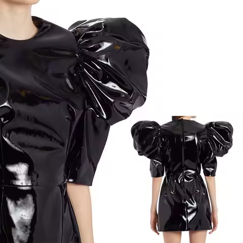 Female Fashion Big Puff Sleeve Pencil Dress Summer Women Crew Neck Shiny PVC Evening Mini Dress Ladies Gothic Slim Clubwear