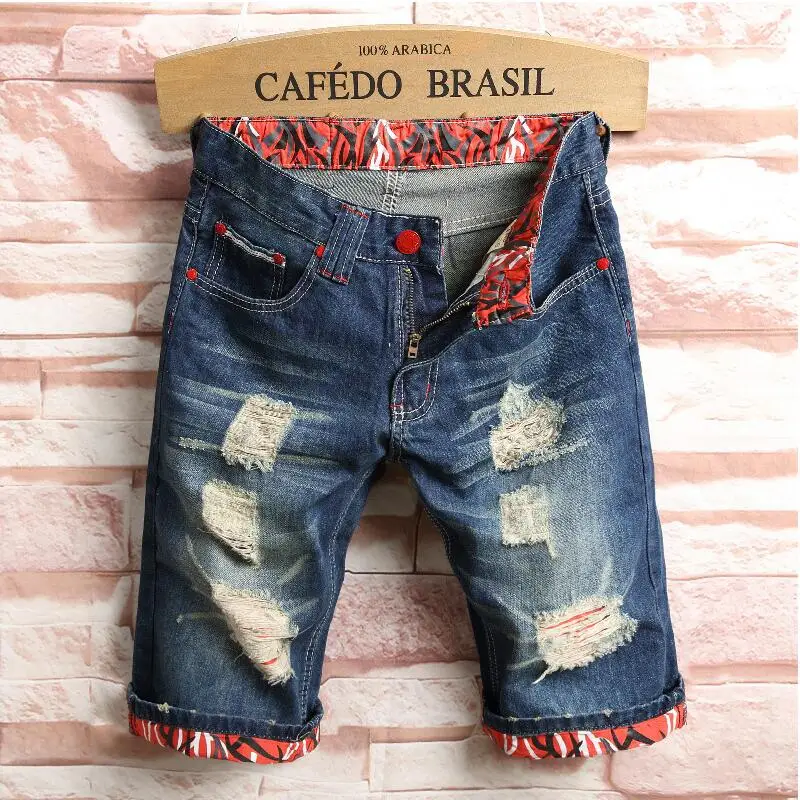 Men Holes Denim Shorts Novelty Style Jean Shorts Men Knee Length Short Jeans Fashion Male Straight Denim Shorts Casual Shorts 44