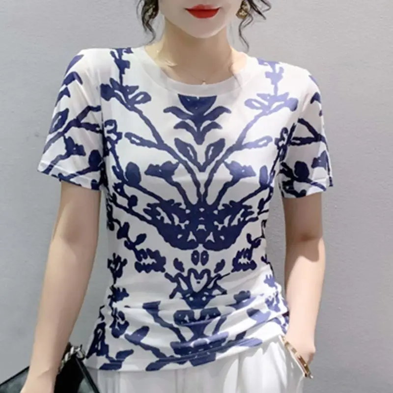 Minimalist Commuter 2024 Summer New Women's Pullovers Crew Neck Printed Spliced Gauze Short Sleeve Elegant Slim T-shirt Tops