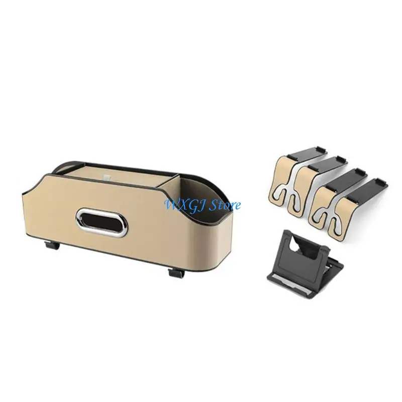 

37JE Car Back with 2 Drink Cup Holder Tissue Box and Storage Box Hook Multi-functional Storage Box