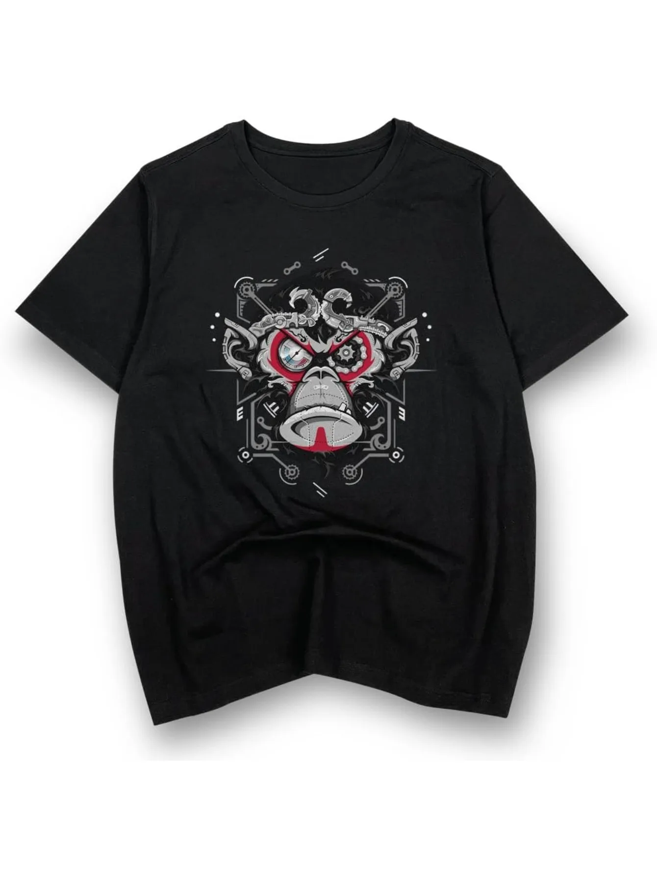 Men's Black Mechanical Monkey Graphic Cotton T-Shirt – Futuristic Animal Design