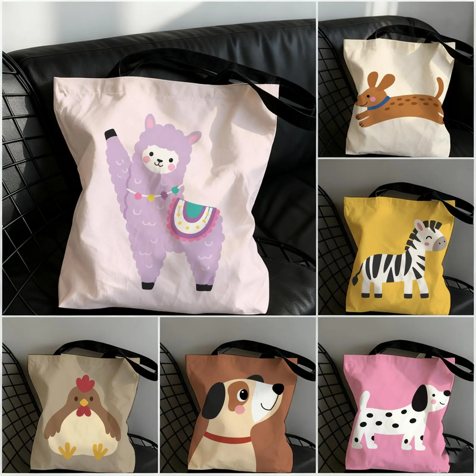 

Dopamine Cartoon Animals Storage Bags Canvas Double-Sided Print Beach Bag Durable Lightweight Shoulder Travel Bag Gift Eco