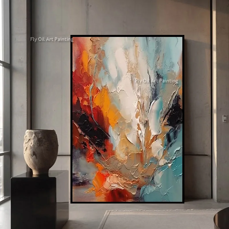 100% Hand‑Painted Modern Abstract Oil Art, Warm Cool Tone Thick Brushstroke Canvas Artwork For Living Room Decor