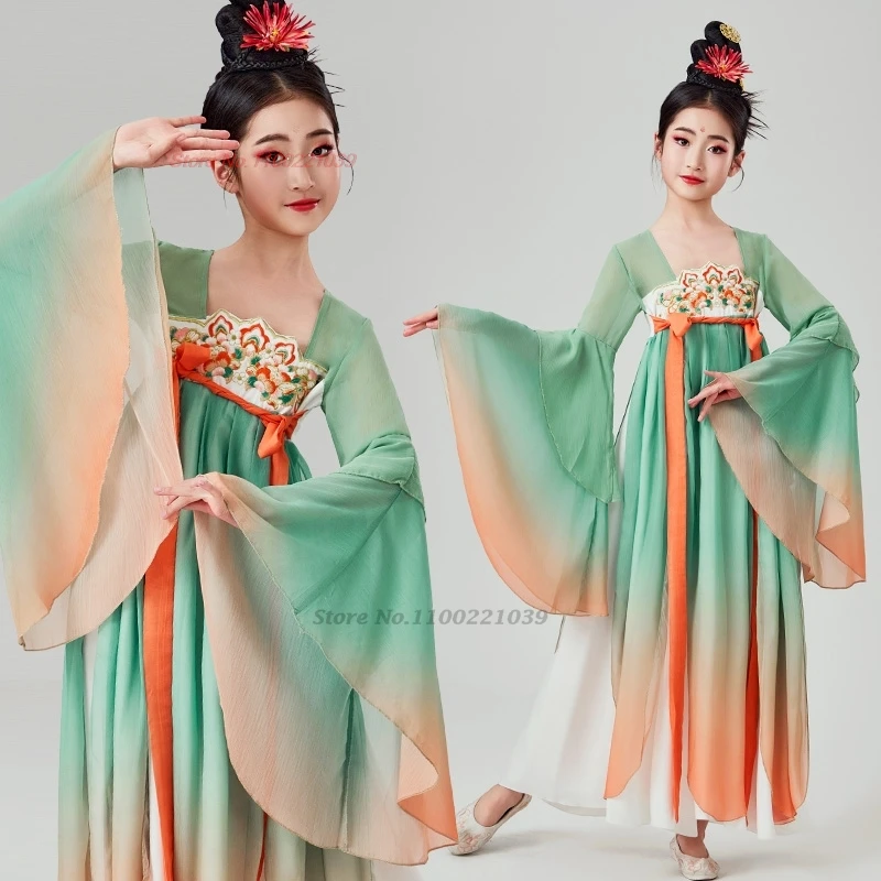 2025 chinese vintage children dance costume national flower embroidery gradient color hanfu dress stage performance folk dress