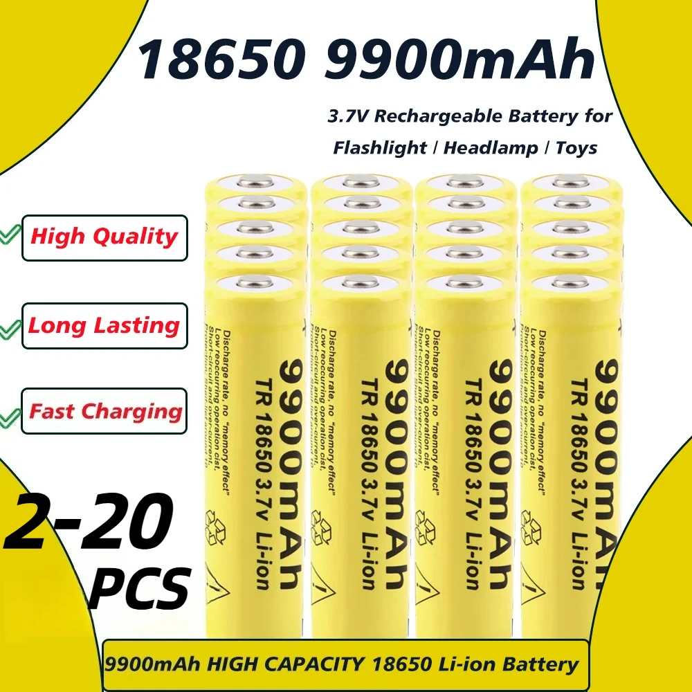 

18650 3.7V 9900mAh Rechargeable Li-ion Battery with Type-C Charger, 2-20PCS for LED Flashlight, Power Bank, Wholesale
