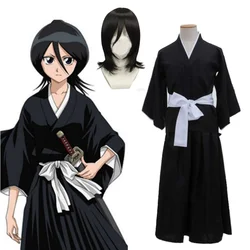 Anime BLEACH Cos Suit Kuchiki Rukia Shinigami Cosplay Costume Wig Black Kimono Full Set Halloween for Woman Men Clothes