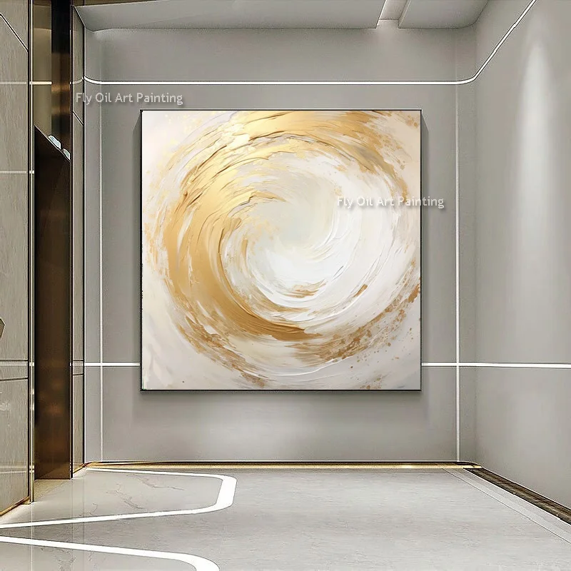 الأبيض الذهبي الأصفر دائرة مجردة سميكة قماش جدار الفن رسمت باليد بسيطة الأصلي الفني البني الأحمر النفط اللوحة للديكور