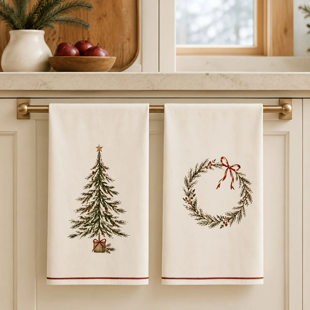 Set van 2 polyester keukendoeken, met een kerstmotief in aquarelstijl, kerstkeukendoeken, keukendoeken in landelijke stijl, rode doeken met een strik en een takje dennennaalden, kersttheedoeken.