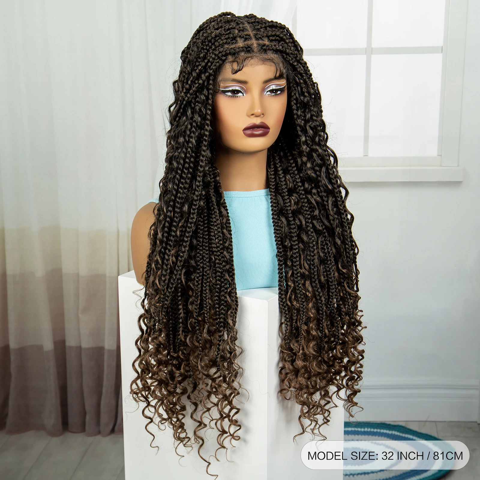 1B-30 Color Knotless Box Braided Wigs Curly Ends Synthetic Full Lace Braided Wigs with Baby Hair for Women Handmade Braided Wig