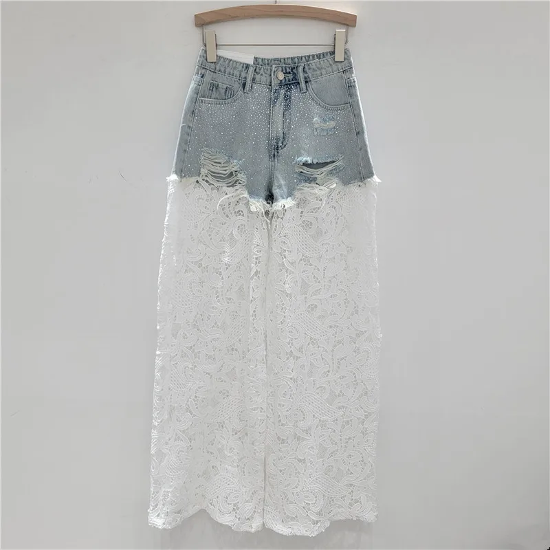 Fashion New Spring Summer High Waist Wide Leg Jeans Women All-match Hot Diamonds Hollow Out Lace Splicing Denim Straight Pants