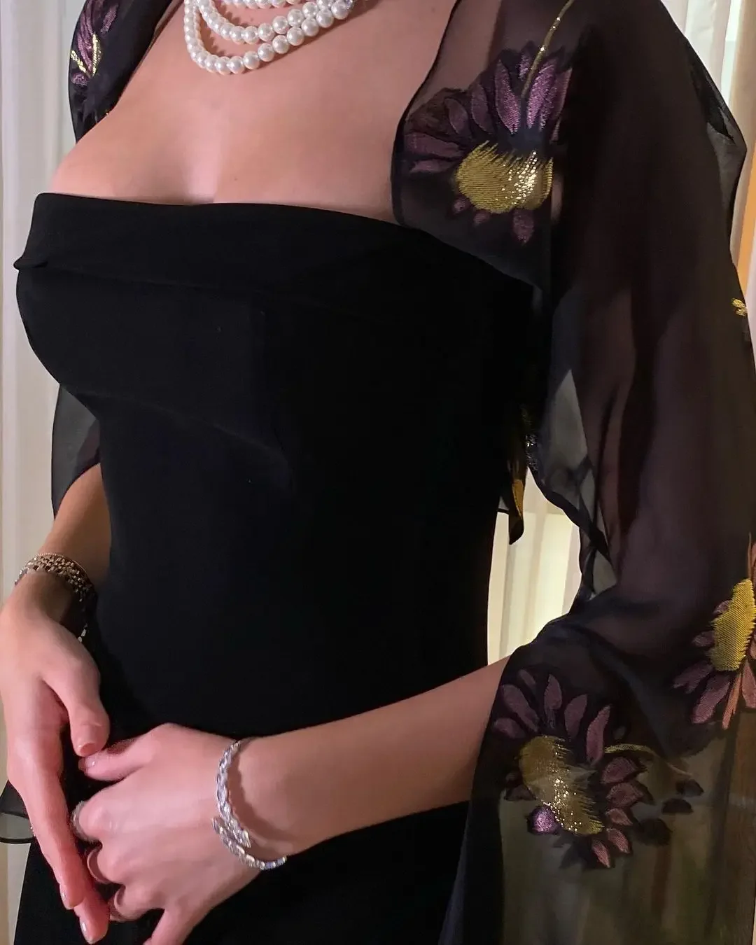 Saudi Arabia Evening Dresses Black Prom Dresses Printed Chiffon Long Sleeves Jackets Wedding Guest Dress for Women Special Party