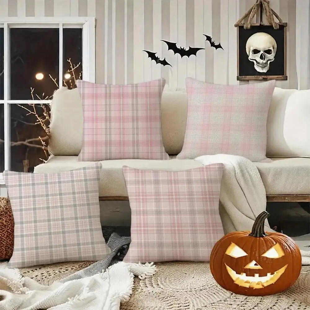 Pink plaid Cushion Cover Halloween decoration trick or treat cushion cover, ghost, pumpkin head, bat decoration