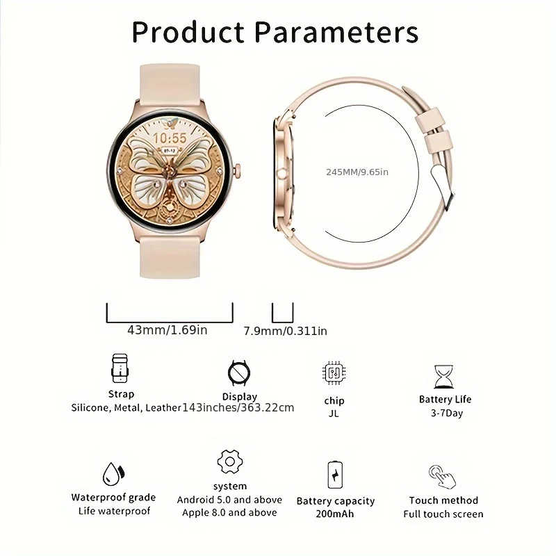 2025 جديد رقيقة جدا V89 ساعة ذكية للنساء 1.43 "شاشة دائما عرض الوقت سوار رياضي بلوتوث دعوة موضة IP68 Smartwatch