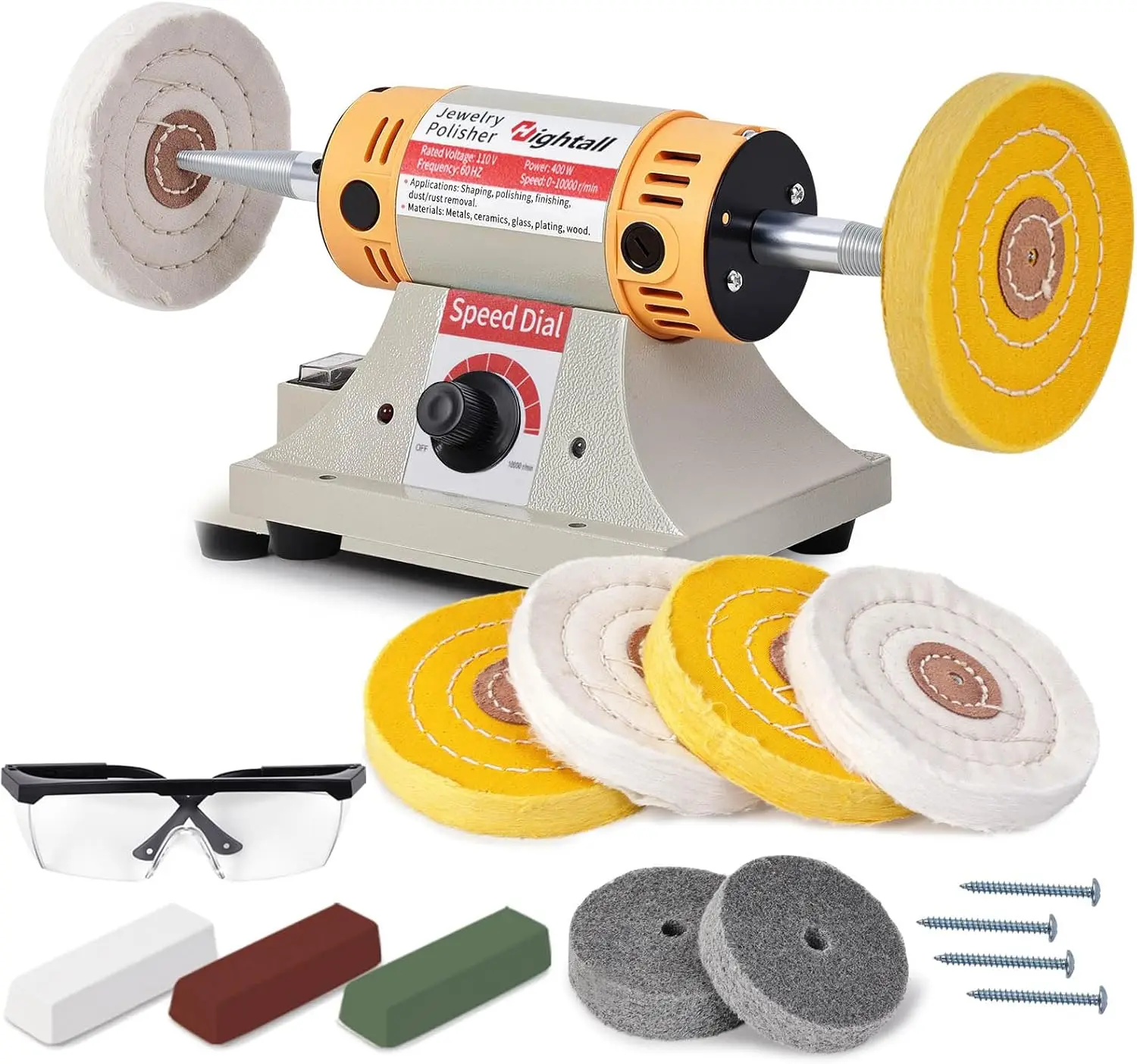 

Jewelry Polisher 400W Bench Grinder with 6 Cloth Wheels, 2 Fiber Wheels, Safety Glass & Compound for Polishing Rings, Motorcycle