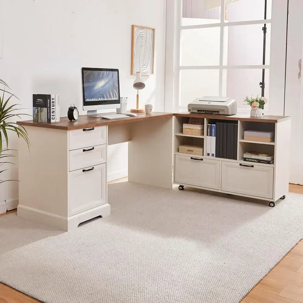 60 L-Shaped Desk with Mobile File Cabinet, Charging Station, Ideal for Home Office and Study