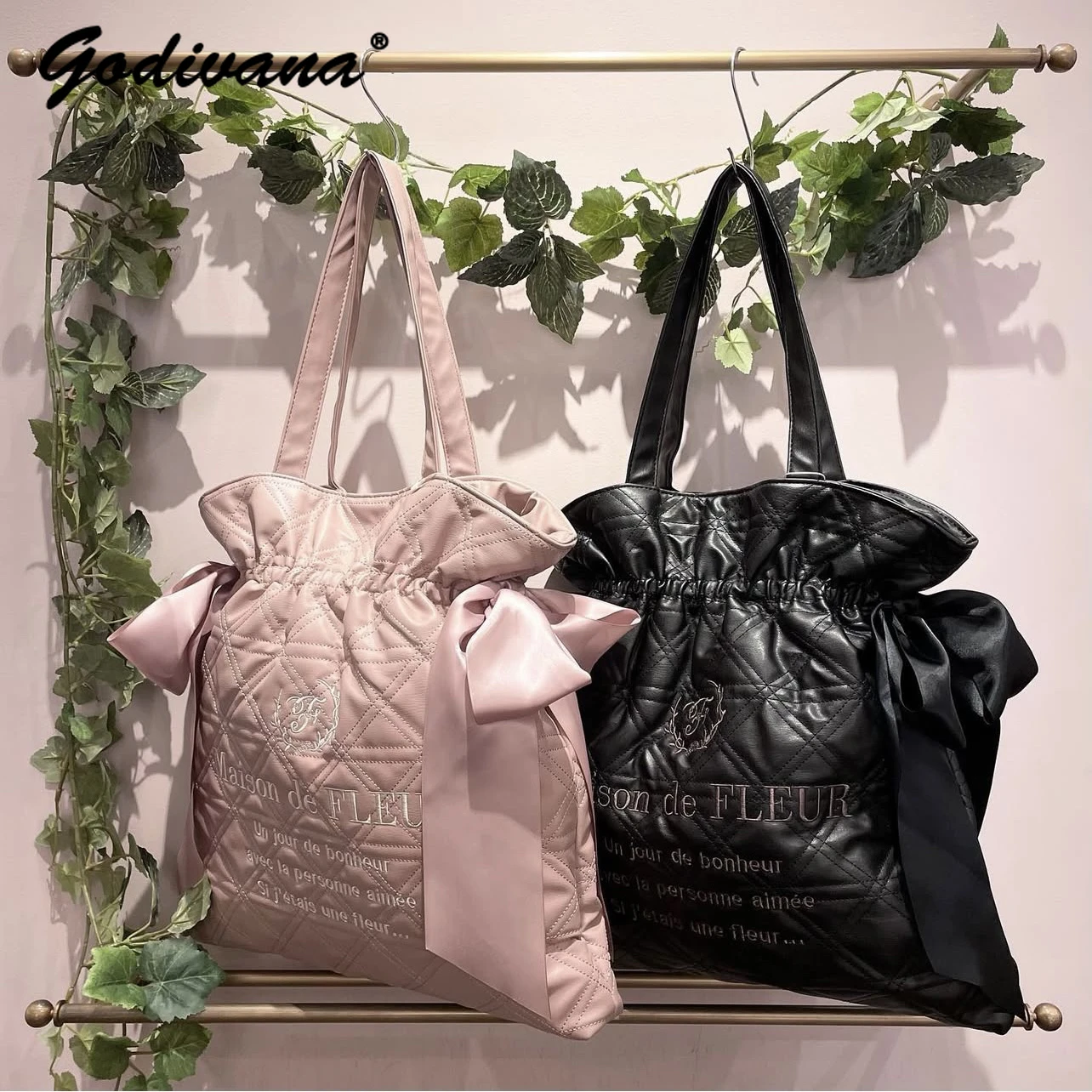 

Japanese Style Large Capacity Shoulder Bags Women's Sweet Double Bow Rhombus Pu Embroidery Commuter Computer Leather Handbag