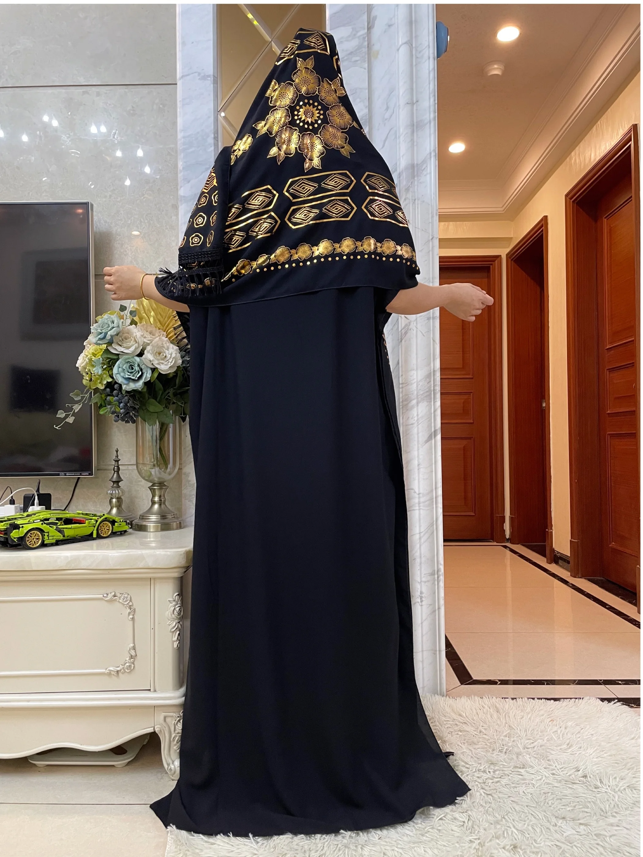 2024 New Summer Loose Short Sleeve Cotton Robe Gold Stamping  Boubou Maxi Islam Femme Dress With Big Scarf African Abaya Clothes