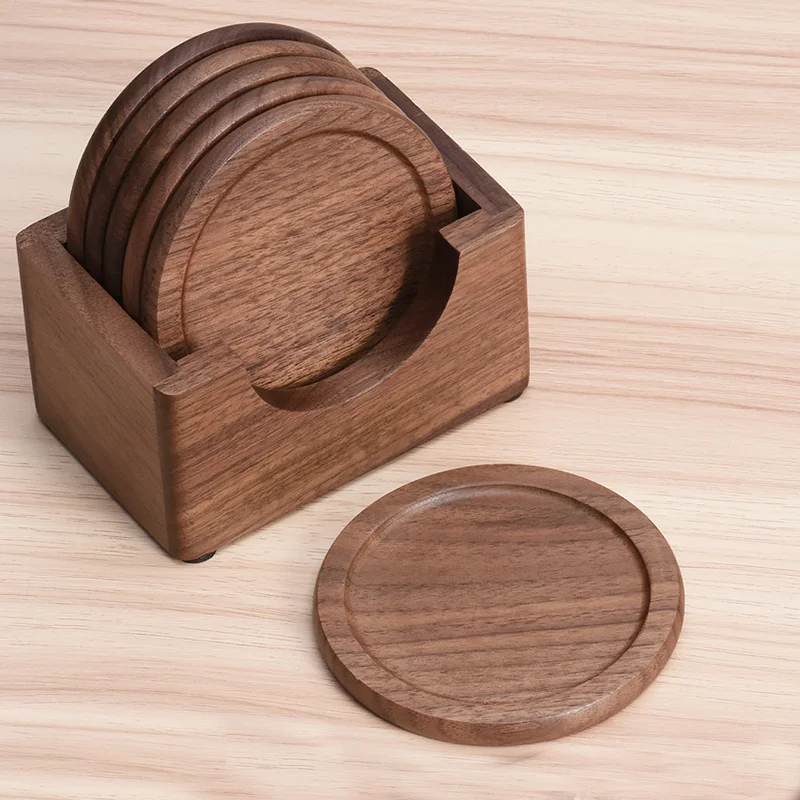 

E2 Walnut Dark Coaster Set of 6 Pieces. Including The Holder Pure Natural Wood Texture. Wonderful Decor For Dining Tables Office