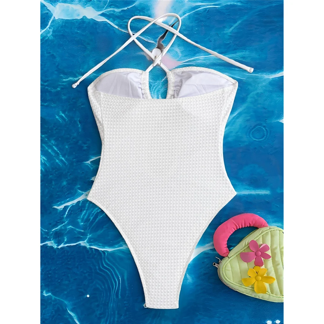 S - XL Cut-Out-Neckholder-Badeanzug mit Metallringen für Damen, High-Cut-Bein, einteiliger Badeanzug, Monokini, Badebekleidung, Badeanzug, Modell V7062 – Detail 5