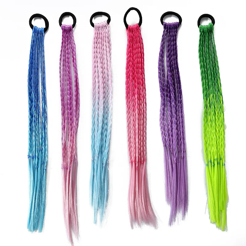 Extensiones de Cabello sintético con trenzas coloridas, coletas trenzadas de arcoíris con bandas de goma, accesorios para el cabello para niños y