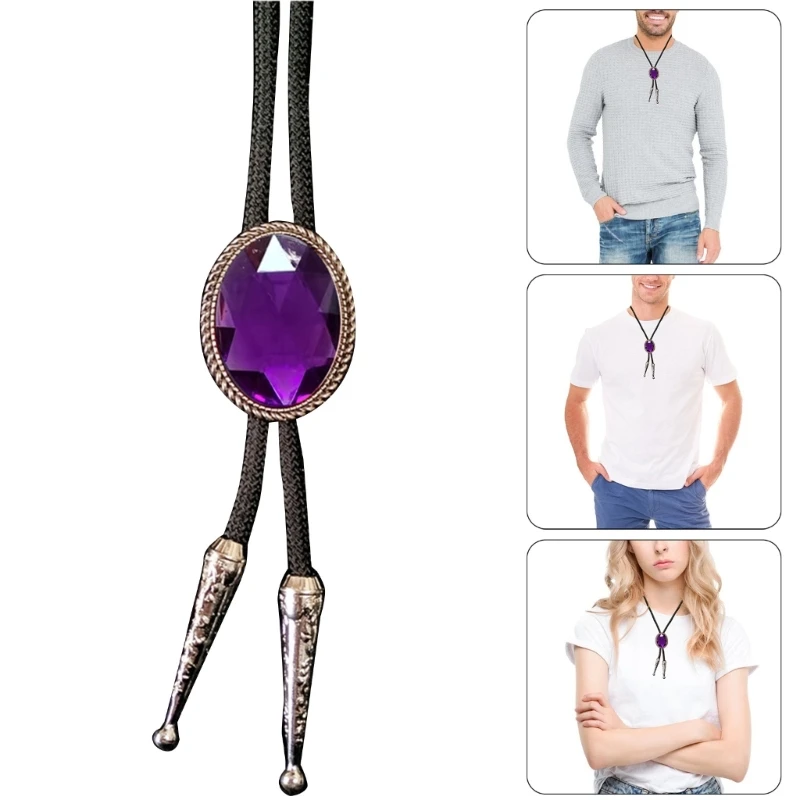 Delicate Diamond Stone Bolo Tie Cowboy Punk Necktie Western Bolo Tie Engraving Charm Bolo Tie Cowboy for Shirt Jeans