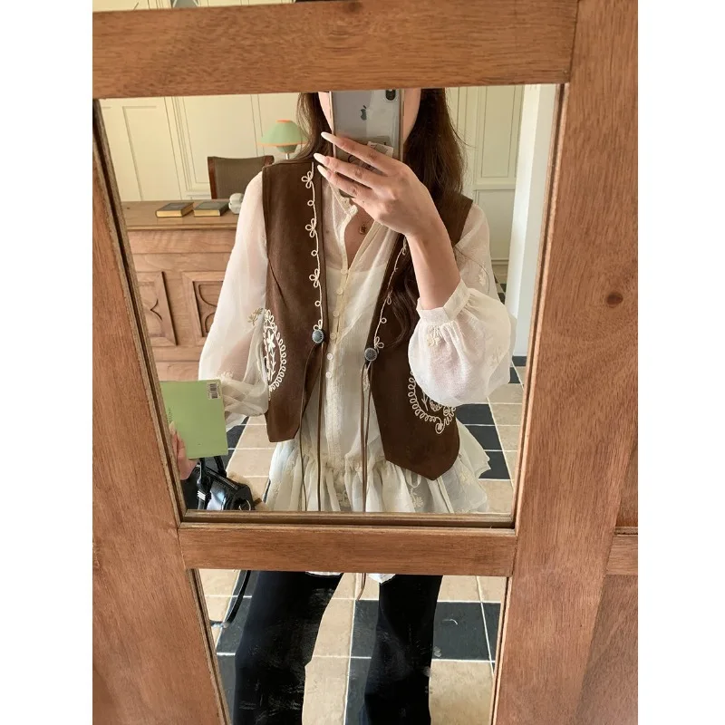 

Embroidered Ruffle Mesh Blouses Spring Women V-neck Drawstring Lightweight Transparent Mesh Elegant Tops