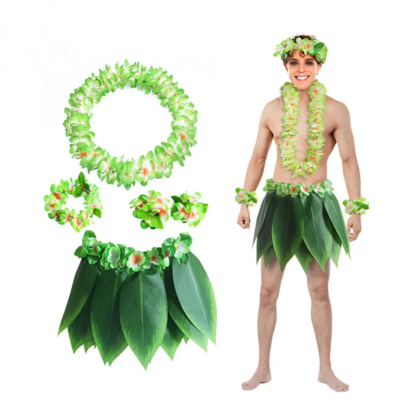 Party Hawaiian Fancy Dress Hula Leaf Grass Skirt Lei Flower Accessories Children Adult Costume Easter Cosplay