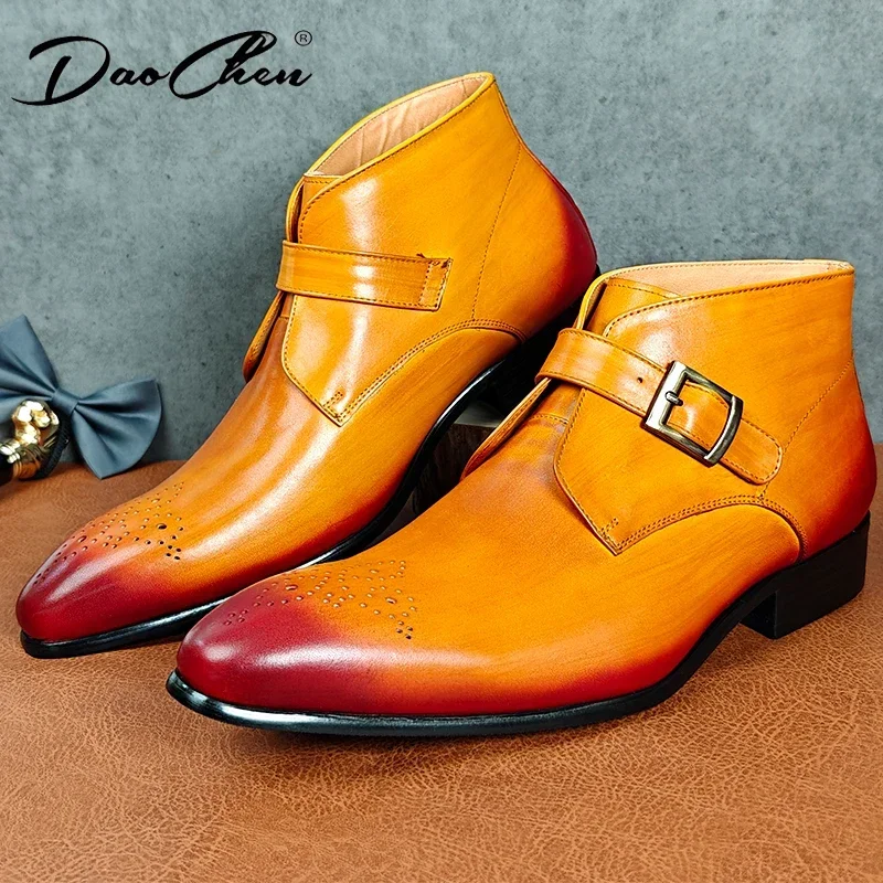 Fashion Mens Ankle Boots High Quality Genuine Leather Slip On Yellow Casual Dress Boots Shoes Buckle Strap Boots For Men