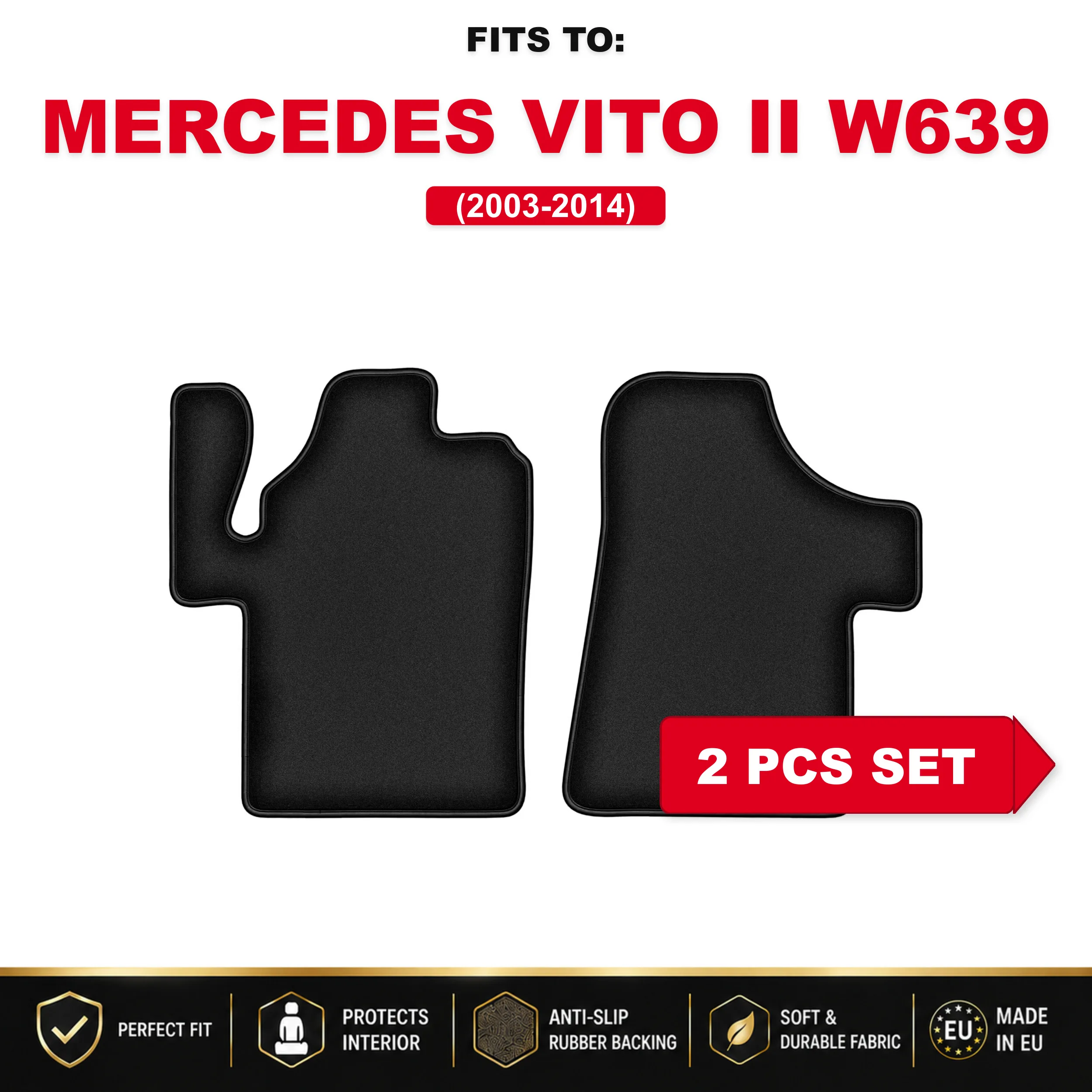 Zwarte velours vloermatten, 2 stuks. Voor: Mercedes Viano W639 2003-2014 auto voorzien van leveringsmatten autoset