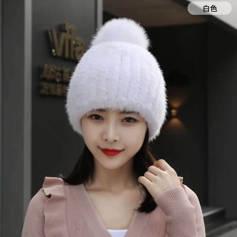 100% Natural Mink Fur Hat Women Winter Knitted Beanie Russian Girls Cap With Fox Fur Pom Poms Thick Female Cap Elastic Hats