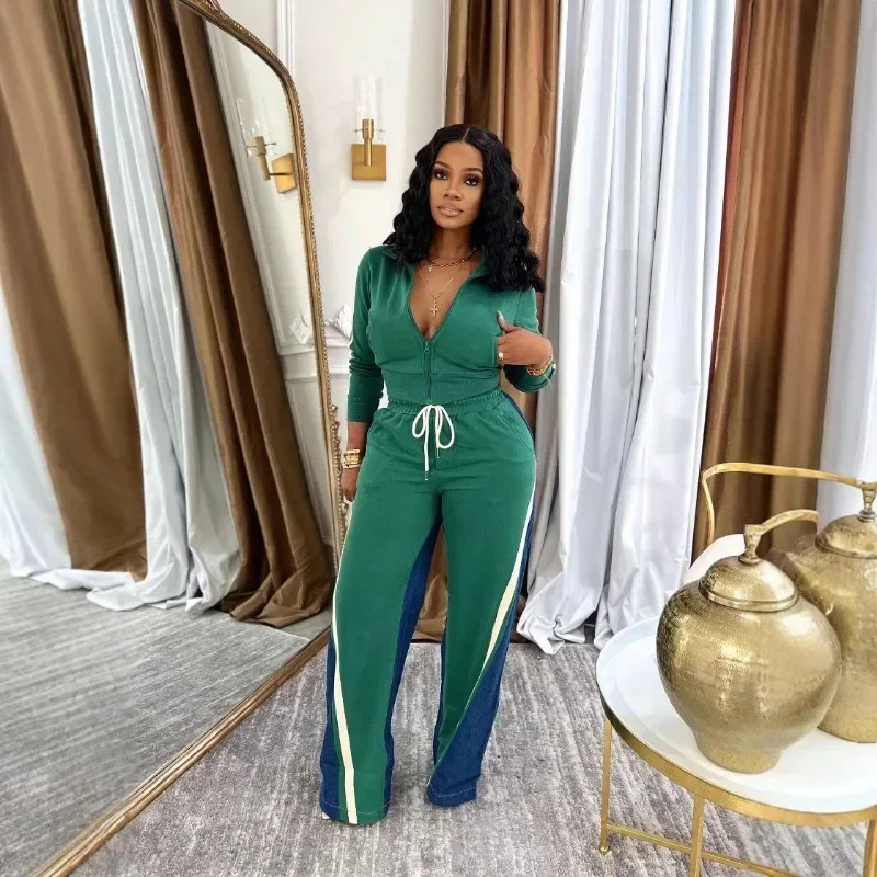 

GUWU Fashion Women's Set Sweatshirt Jacket and Color Patchwork Wide Leg Pants Suit Sporty Two 2 Piece Sets Outfit Tracksuit
