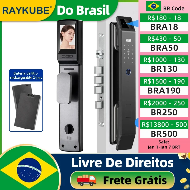 Do Brasil RAYKUBE DF14 Tuya WiFi 3D Face Recognition Digital Door Lock With Audio WiFi Camera Video Call APP Unlock 2pcs Battery