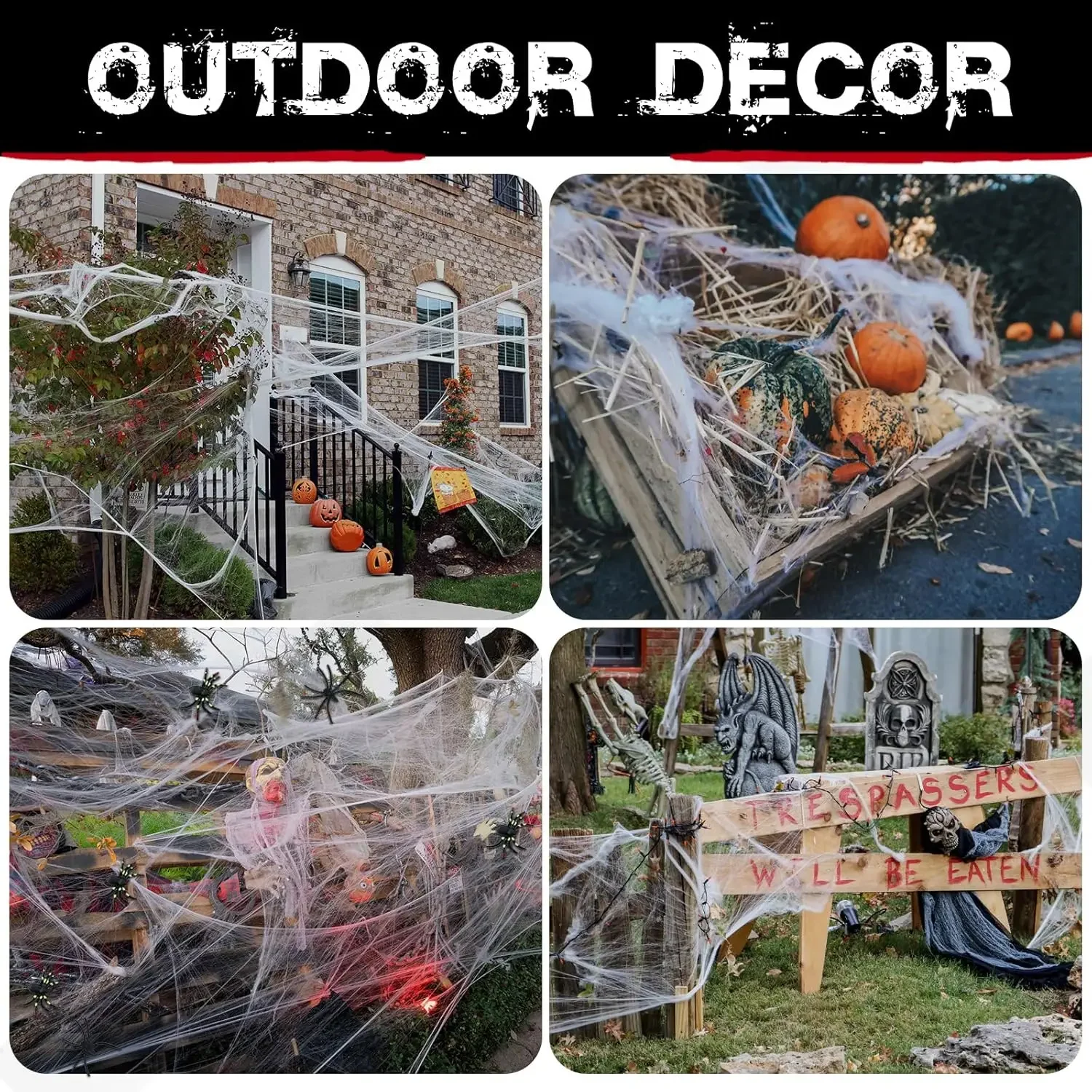 200 Quadratfuß große Spinnennetze als Halloween-Dekoration mit künstlichen Spinnen, superdehnbare Spinnweben für Halloween-Partys im Innen- und Außenbereich. – Detail 3
