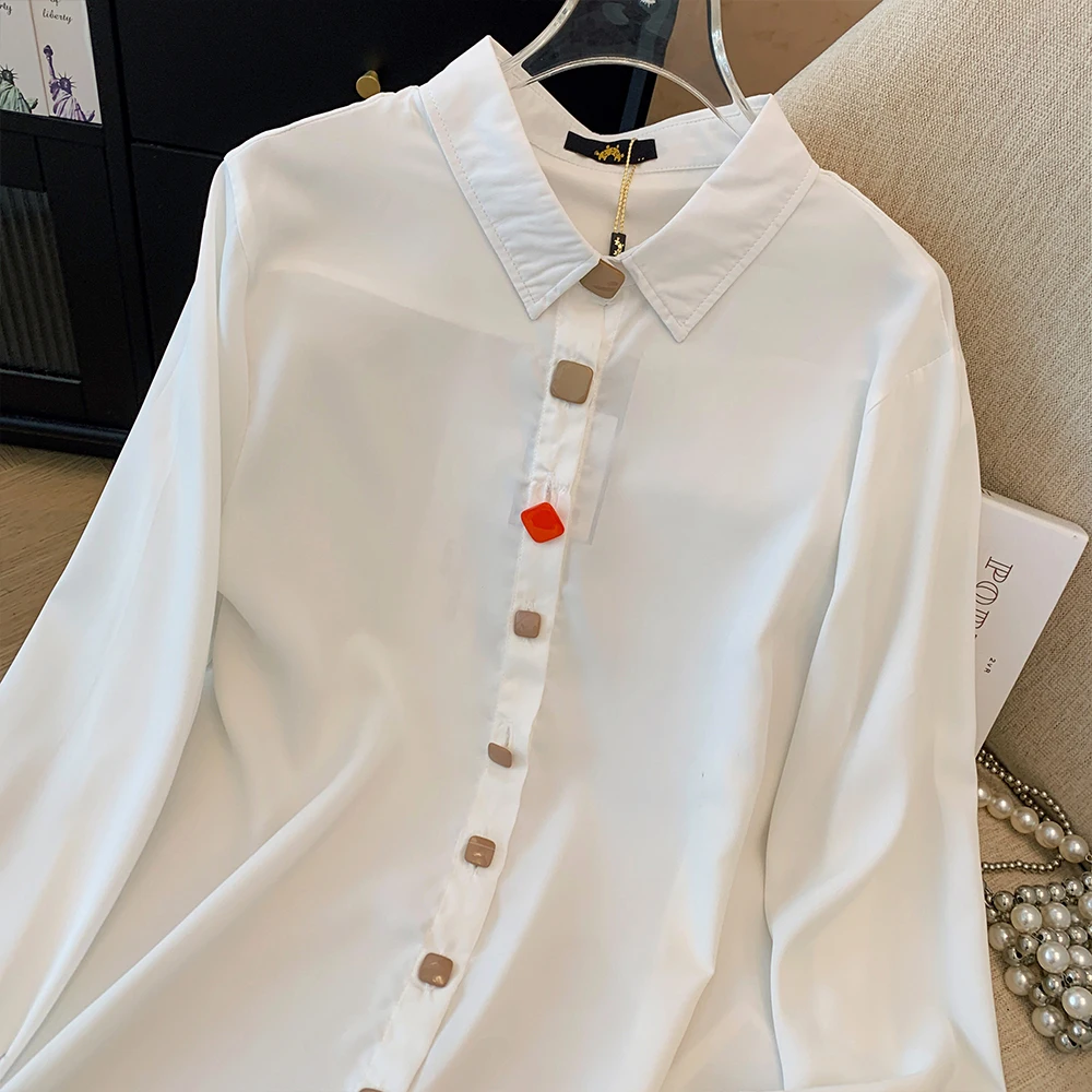 Women\'s plus size autumn casual solid color shirt pure cotton fabric personality buttons decorated commuter top horn sleeves