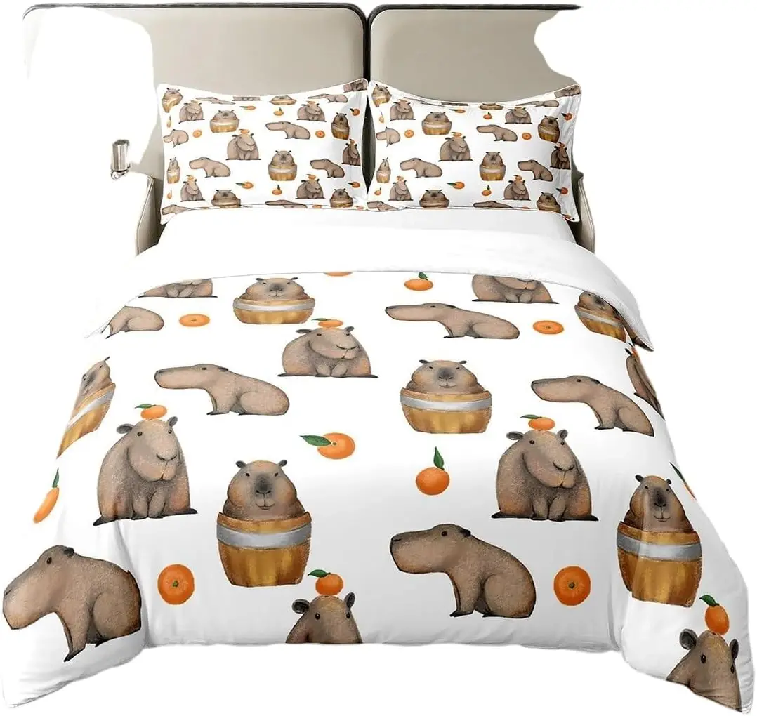 Brown Capybara Duvet Cover Single Size Cute Capybaras Bedding Set With 1 Pillowcase Kawaii Lovely Oranges Decor