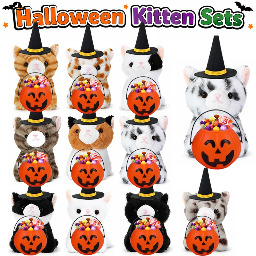 8-32セット-ハロウィンぬいぐるみ猫-キャンディボウル付き-トリックオアトリート-ハロウィンパーティーの景品や装飾に