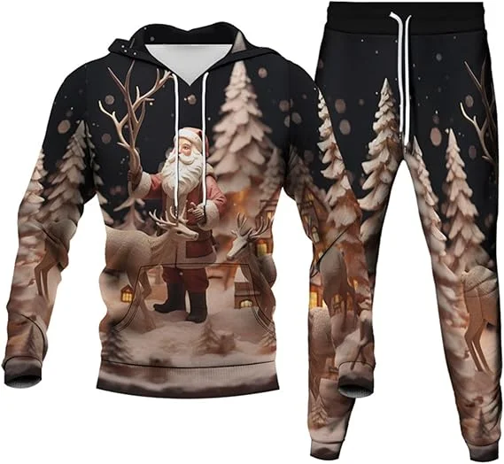 Christmas Santa Claus 3D Printing Hoodies+Sweatshirts Pants Sets Adult Two Pieces Tracksuit Men's Xmas Joggers Sport Kids Suits