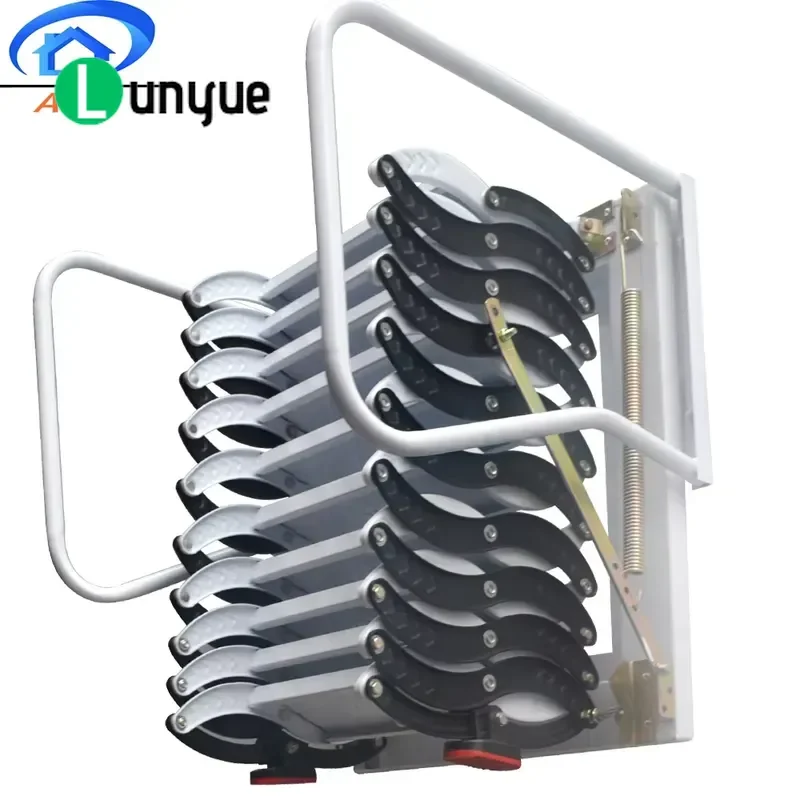 Modern Folding Loft Stairs with Handrails Telescopic Steel Ladder Collapsible Space Saving Indoor Furniture for Home