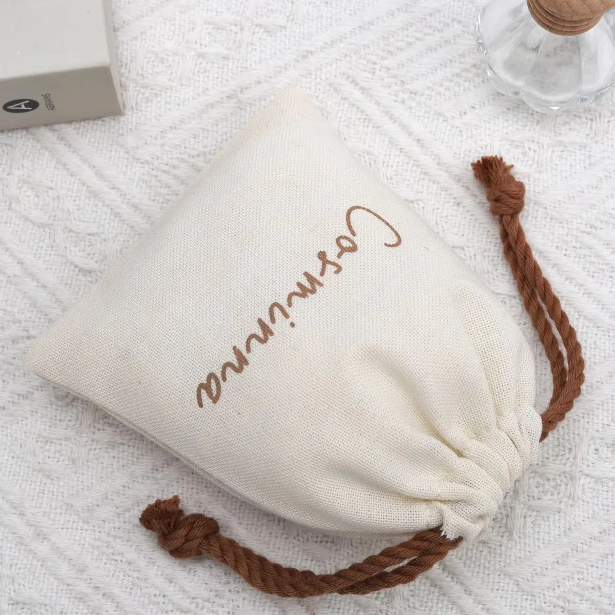 Hot Sale Coffee Cotton Linen Cosmetic Drawstring Gift Bag Organic Cotton Muslin Makeup Pouch