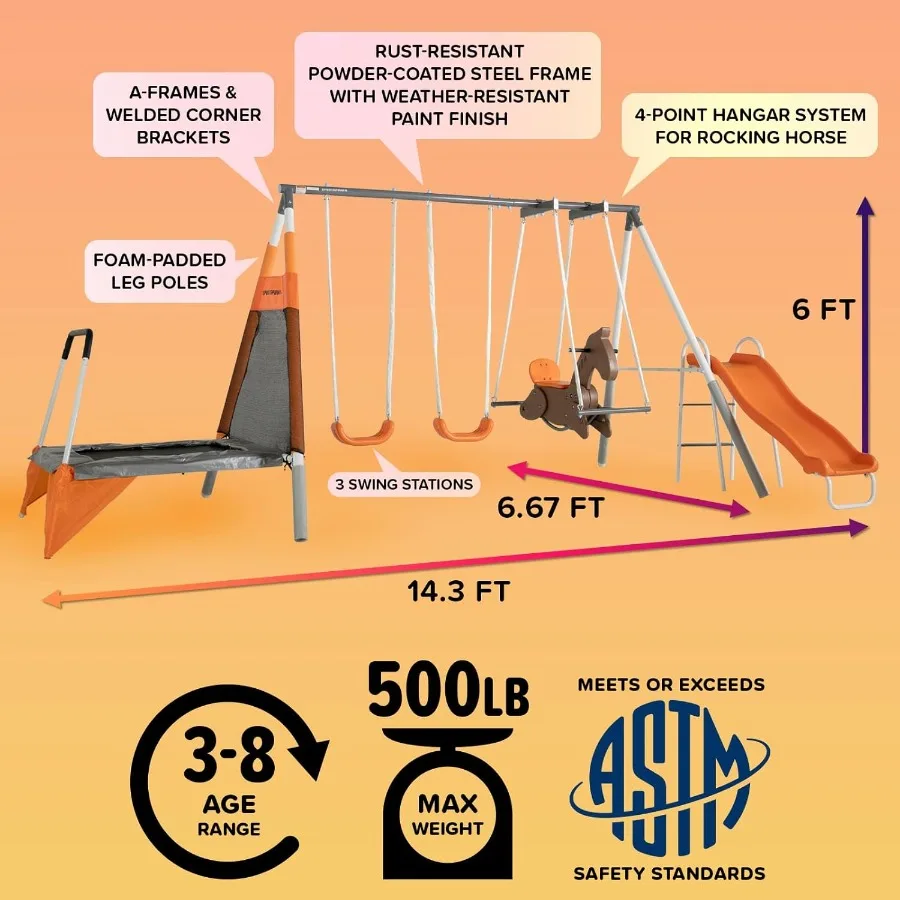 Metal Swing Set with 2 Swings, Rocking Horse, Mini-Trampoline, on Slide, & Bonus Anchor Kit, for Kids 3-8