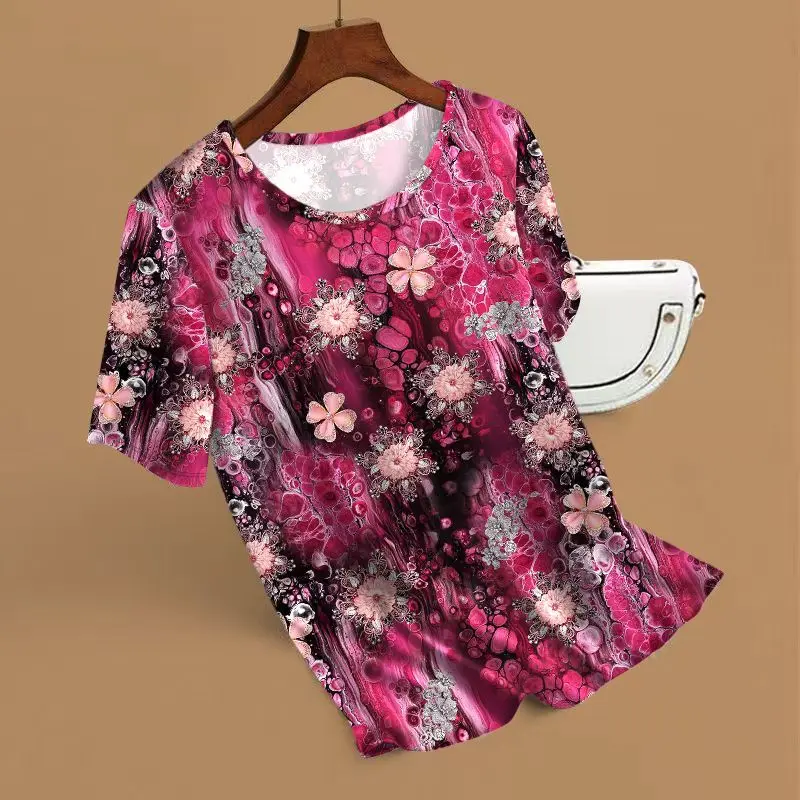 SYsYouthfully Summer 3d Fllower Printed Top Women Loose Short Sleeve T Shirts Ice Silk Polyester Casual Thin Outdoor Homewear