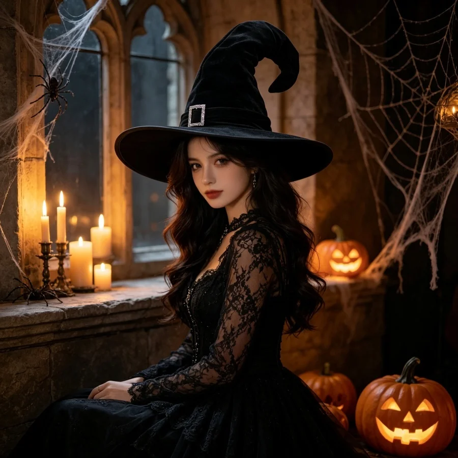 1 Stück Halloween-Hexenhut aus schwarzem Samt mit Strass-Schnalle, Zaubererhut, Cosplay-Kostüm, Fotokabinen-Requisiten für Party-Outfit, Geschenk – Detail 2
