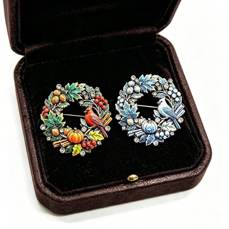 Enamel Autumn Wreath Brooches Cardinal Bird Blue Jay Pumpkin Berry Leaf Wreath Pins Thanksgiving Jewelry