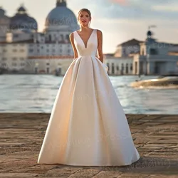 Simple A Line Women's Wedding Dresses Sexy V Neck Customized Bride Gowns Sleeveless Backless Satin Princess Vestidos De Novia